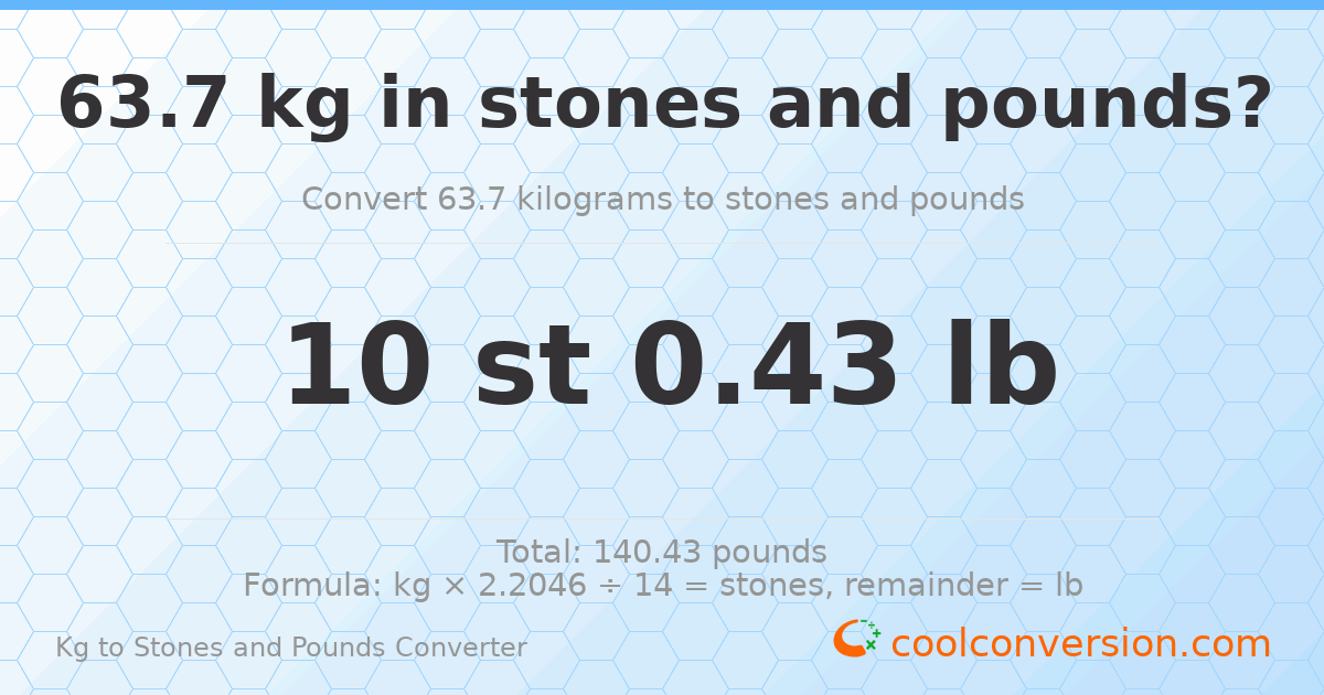 63.70 kg to stones and pounds — 63.70 kg = 10 st 0.43 lb
