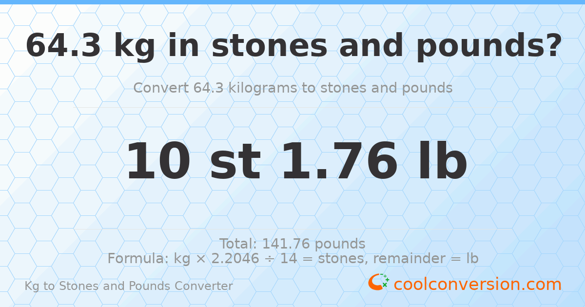 64.30 kg to stones and pounds — 64.30 kg = 10 st 1.76 lb