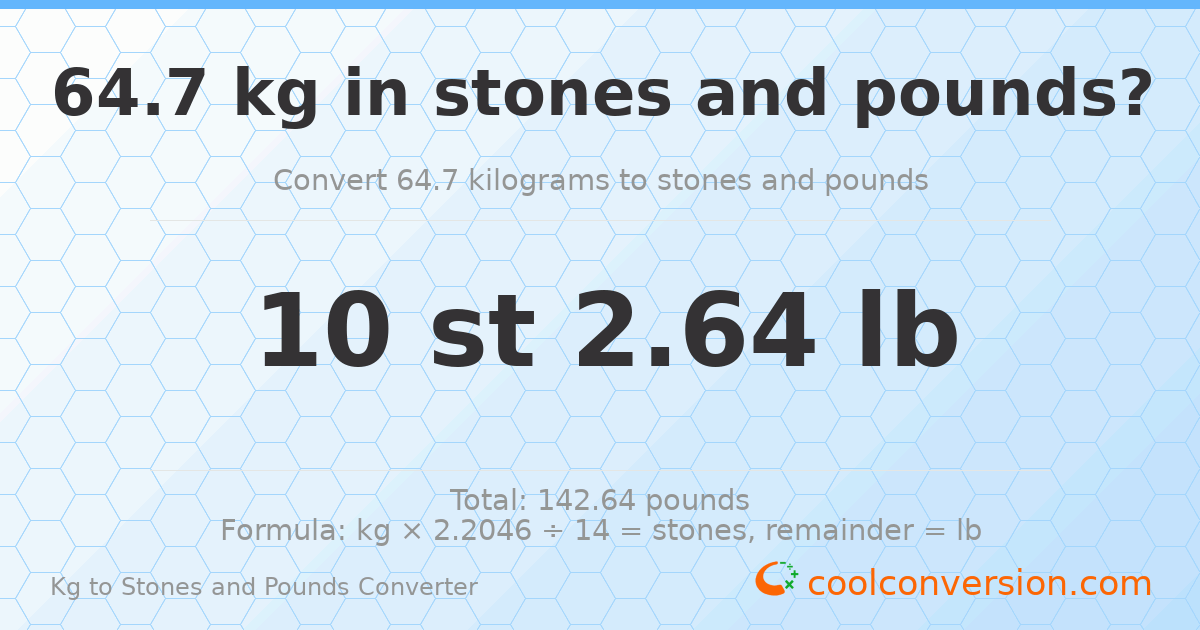 64.70 kg to stones and pounds — 64.70 kg = 10 st 2.64 lb