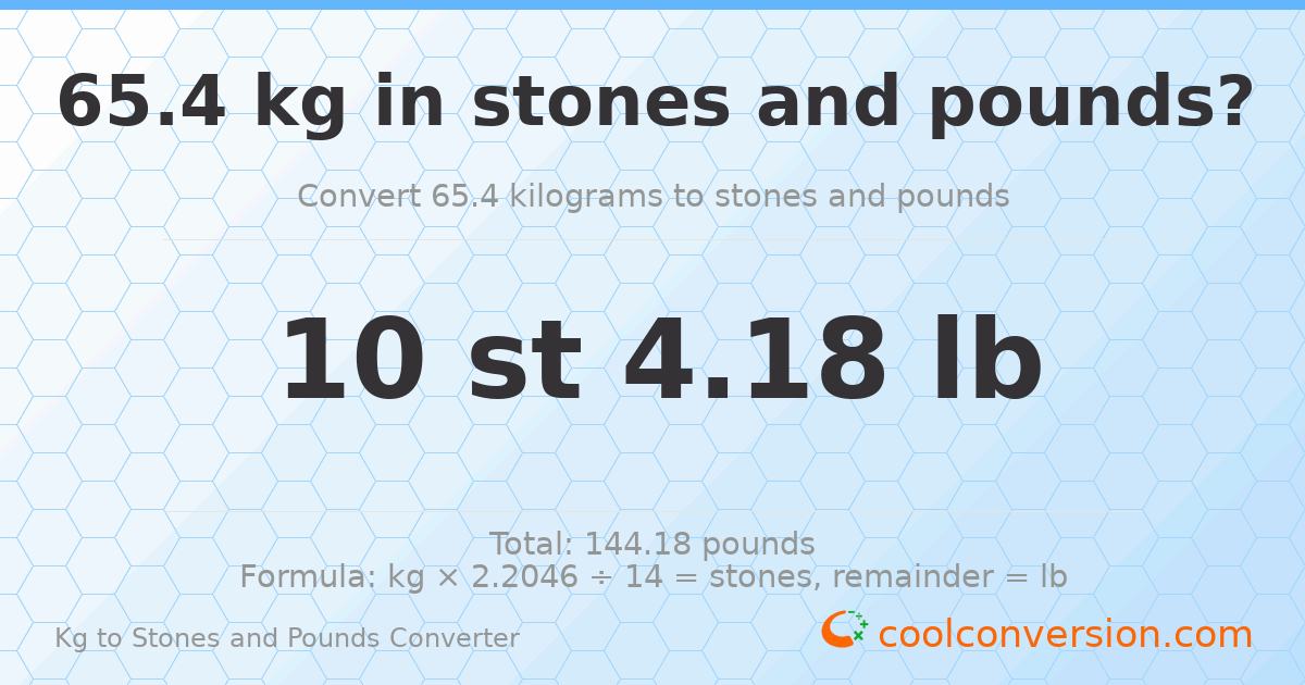 65.40 kg to stones and pounds — 65.40 kg = 10 st 4.18 lb