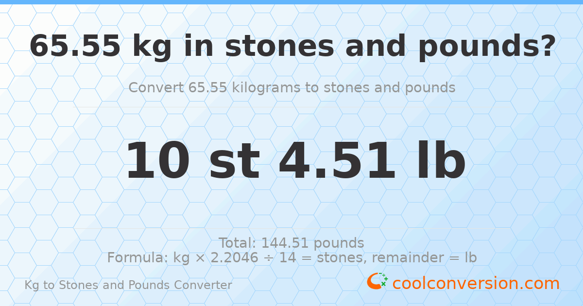 65.55 kg to stones and pounds — 65.55 kg = 10 st 4.51 lb