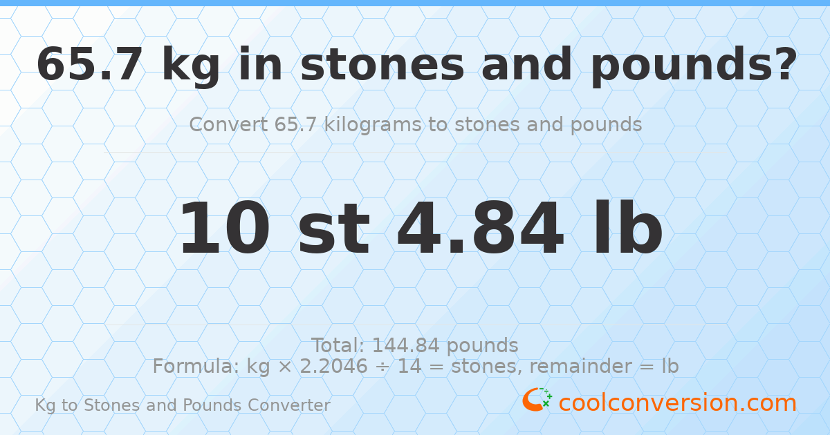 65.7 kg to stones and pounds — 65.7 kg = 10 st 4.84 lb