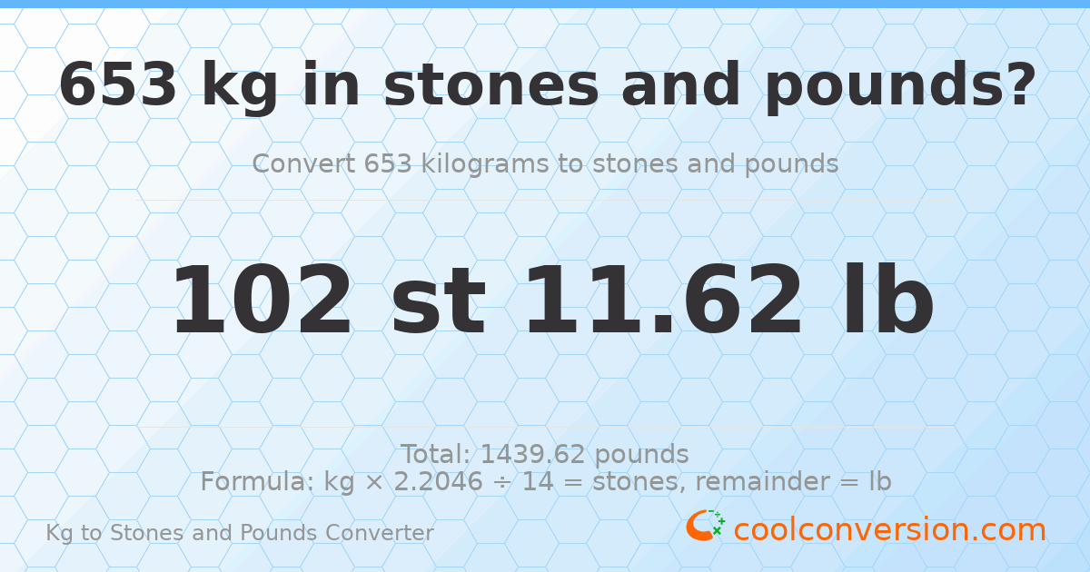 653 kg to stones and pounds — 653 kg = 102 st 11.62 lb