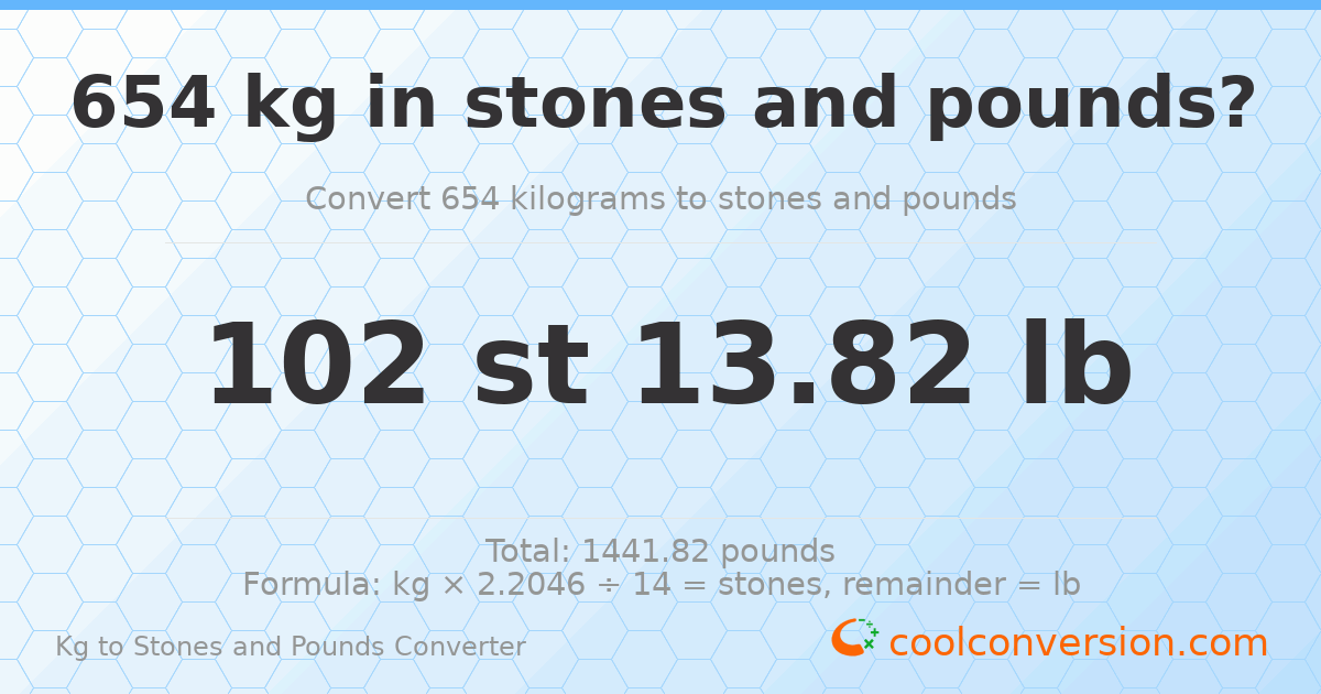 654 kg to stones and pounds — 654 kg = 102 st 13.82 lb