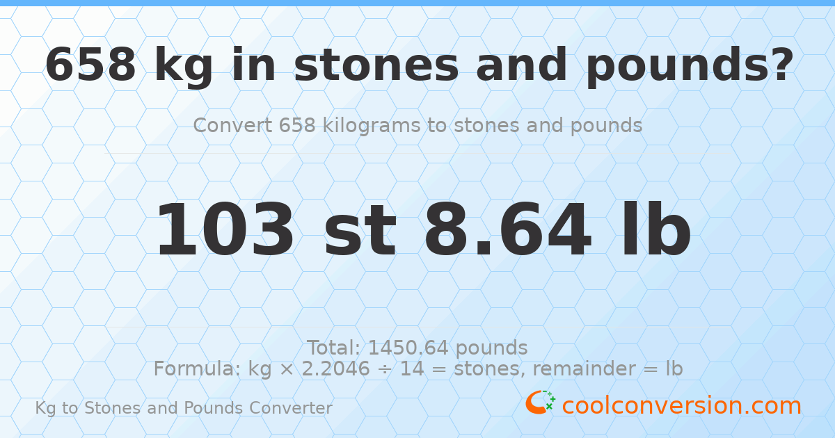 658 kg to stones and pounds — 658 kg = 103 st 8.64 lb