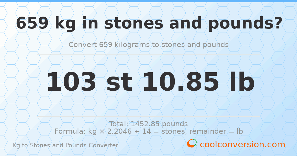 659 kg to stones and pounds — 659 kg = 103 st 10.85 lb
