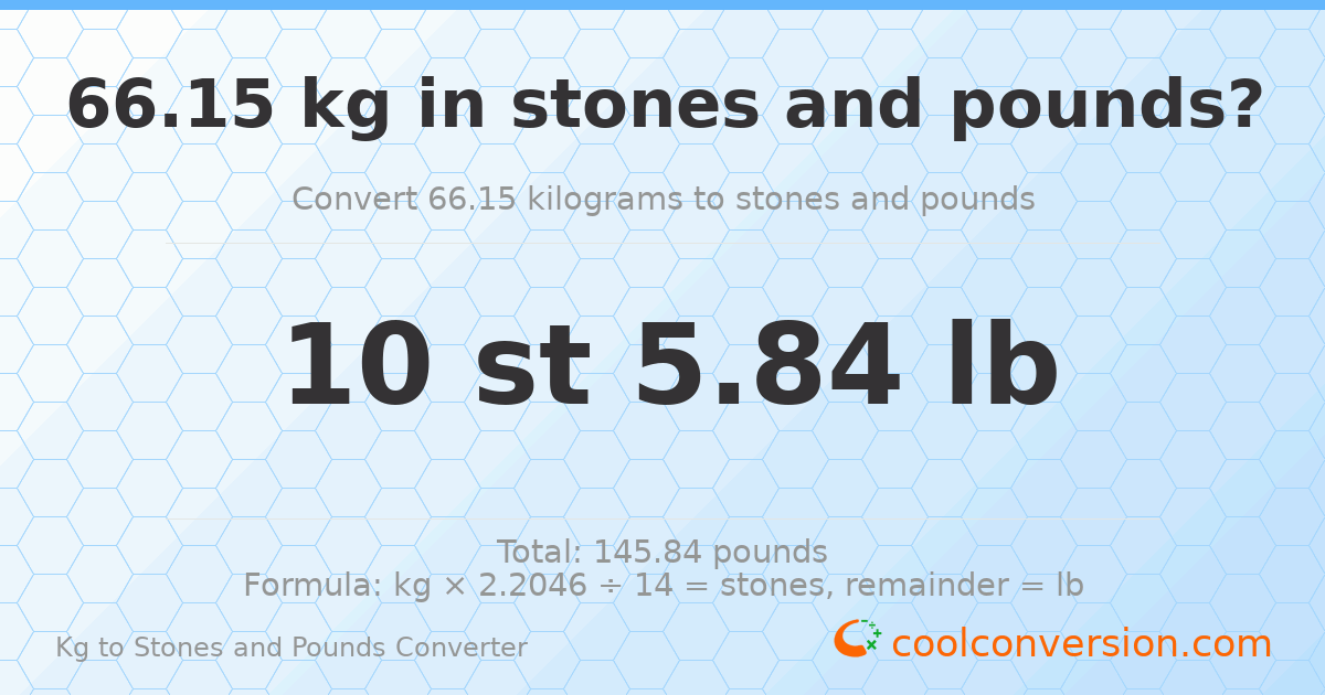 66.15 kg to stones and pounds — 66.15 kg = 10 st 5.84 lb