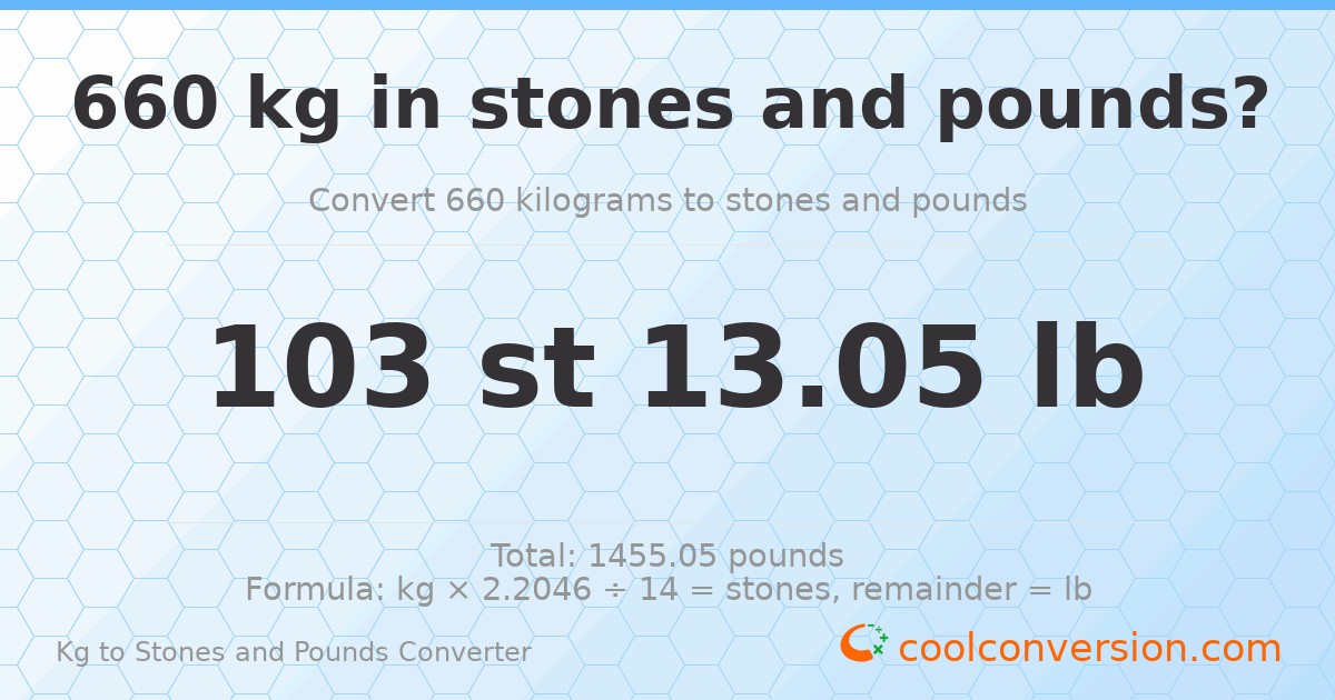 660 kg to stones and pounds — 660 kg = 103 st 13.05 lb