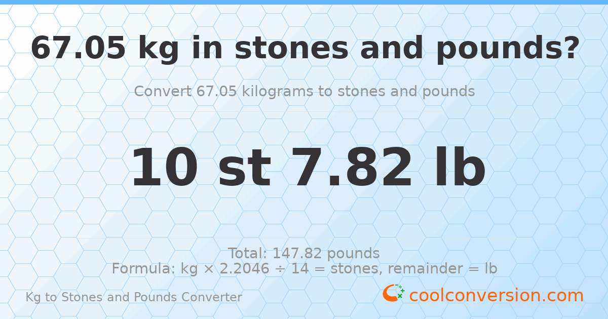 67.05 kg to stones and pounds — 67.05 kg = 10 st 7.82 lb