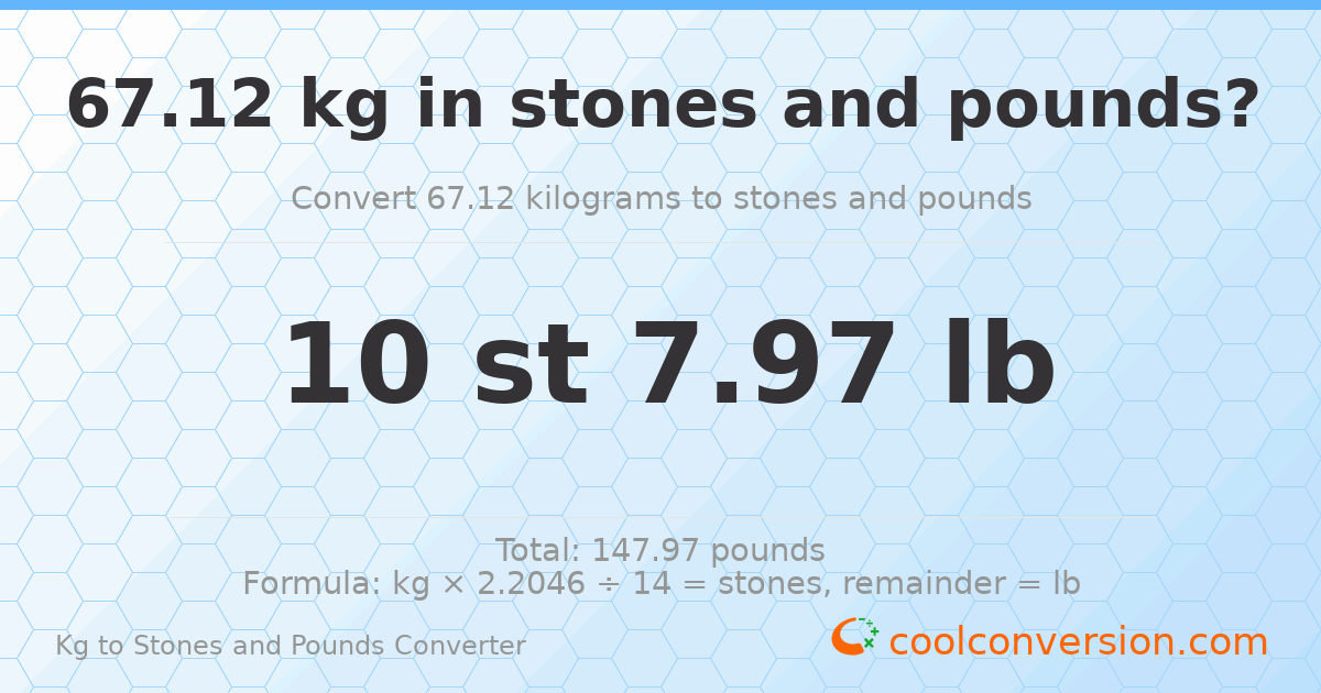 67.12 kg to stones and pounds — 67.12 kg = 10 st 7.97 lb
