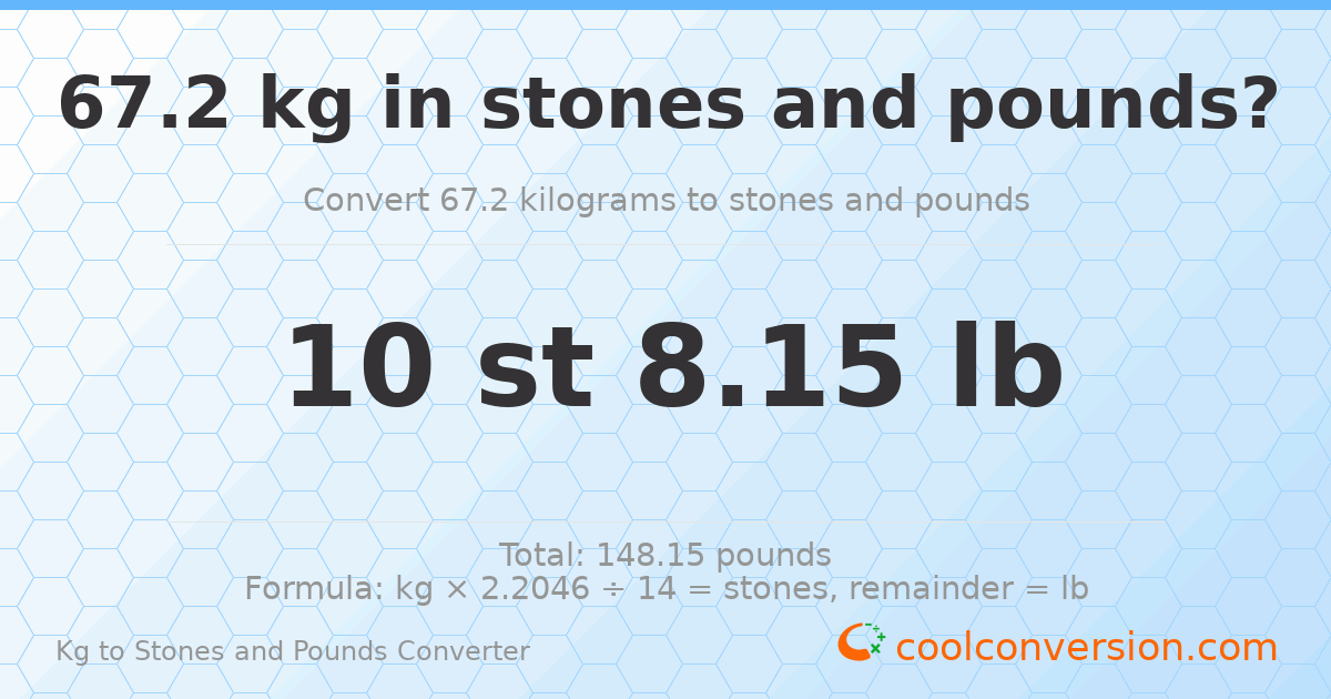 67.20 kg to stones and pounds — 67.20 kg = 10 st 8.15 lb