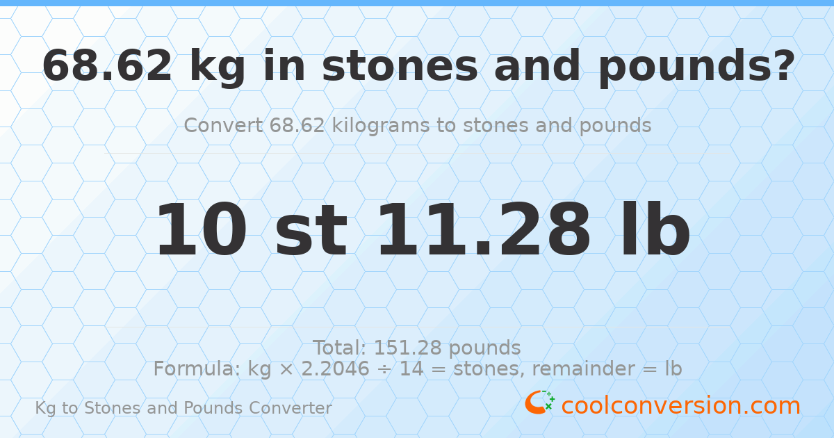 68.62 kg to stones and pounds — 68.62 kg = 10 st 11.28 lb