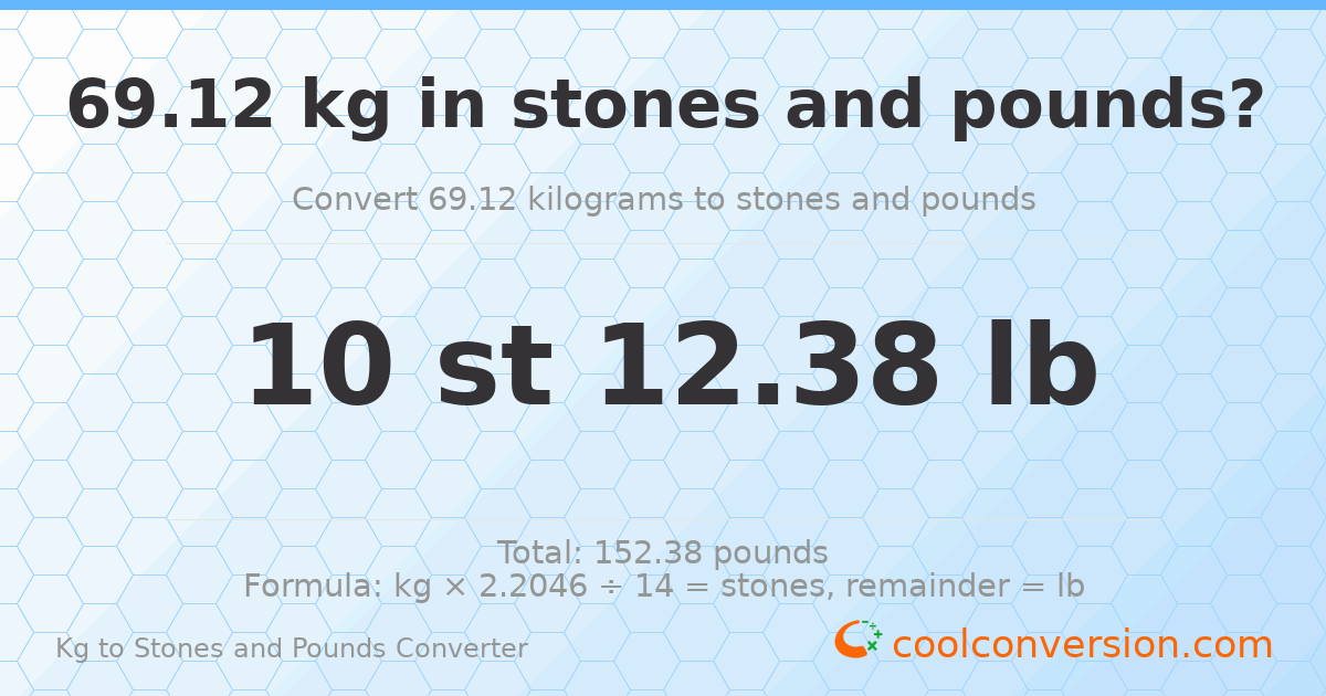 69.12 kg to stones and pounds — 69.12 kg = 10 st 12.38 lb