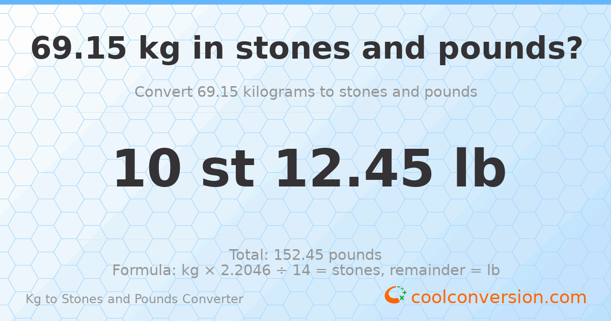 69.15 kg to stones and pounds — 69.15 kg = 10 st 12.45 lb