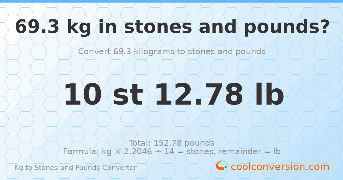 69.3 kg to stones and pounds — 69.3 kg = 10 st 12.78 lb