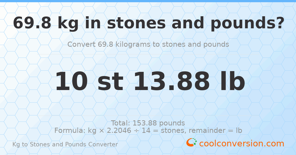 69.8 kg to stones and pounds — 69.8 kg = 10 st 13.88 lb