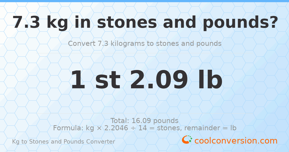 7.3 kg to stones and pounds — 7.3 kg = 1 st 2.09 lb