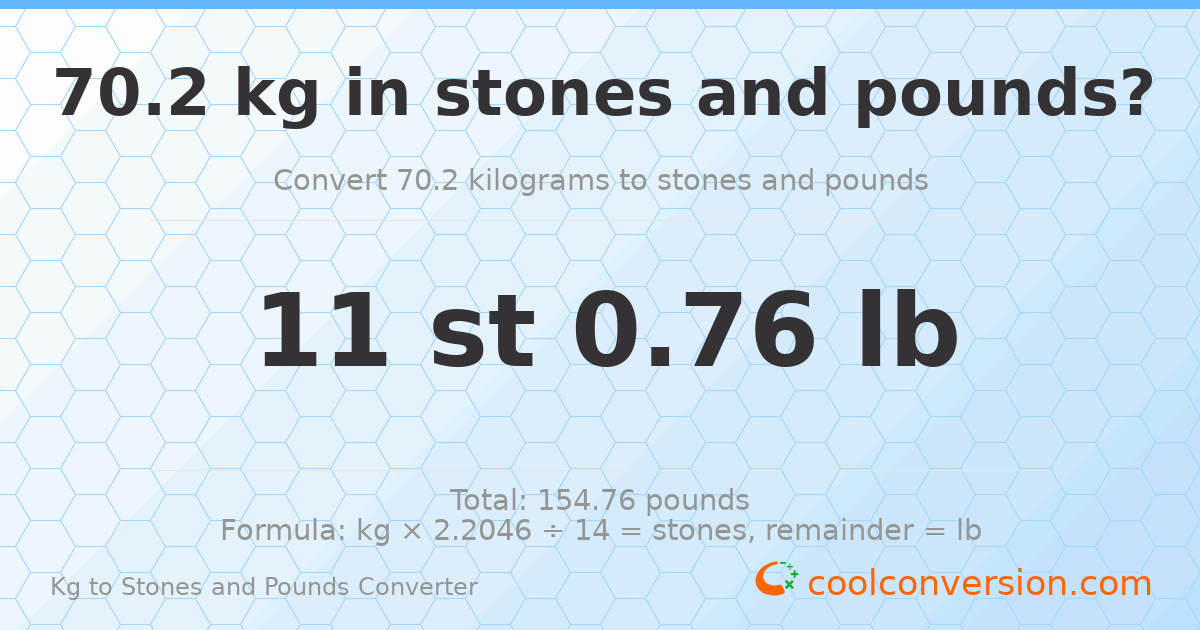 70.20 kg to stones and pounds — 70.20 kg = 11 st 0.76 lb