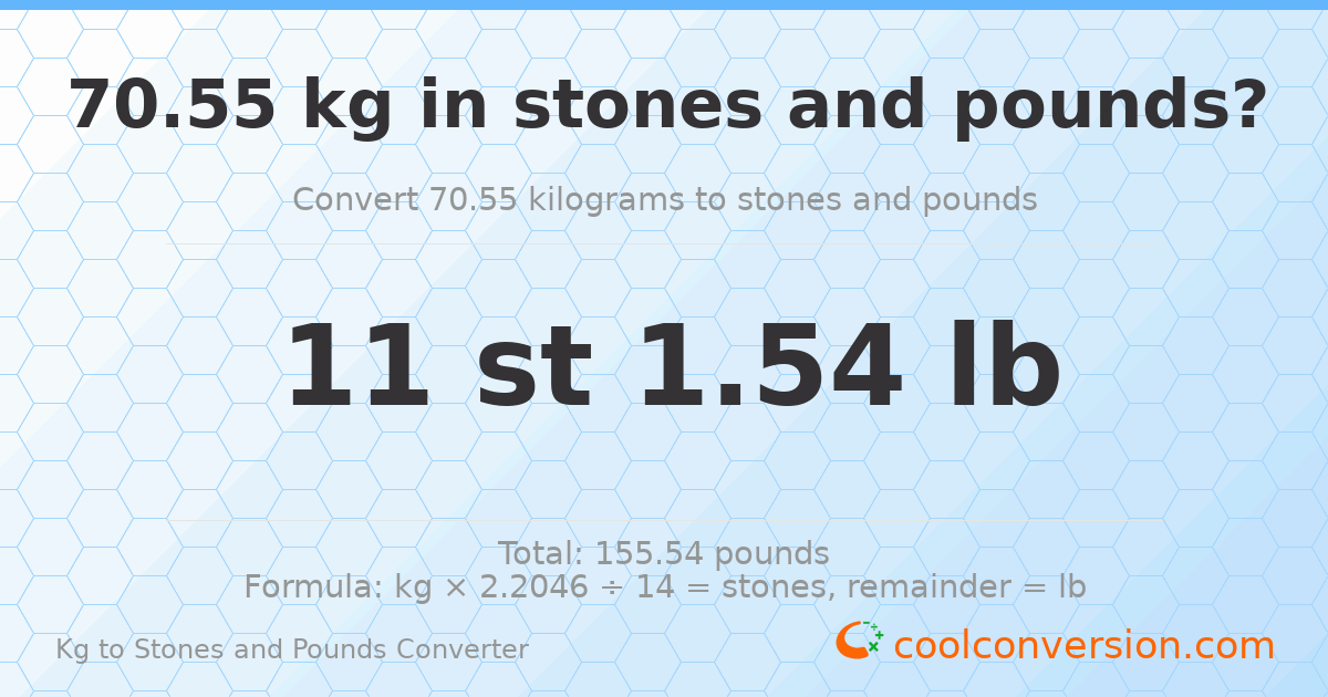 70.55 kg to stones and pounds — 70.55 kg = 11 st 1.54 lb