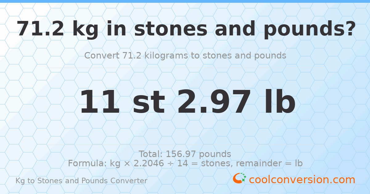 71.20 kg to stones and pounds — 71.20 kg = 11 st 2.97 lb