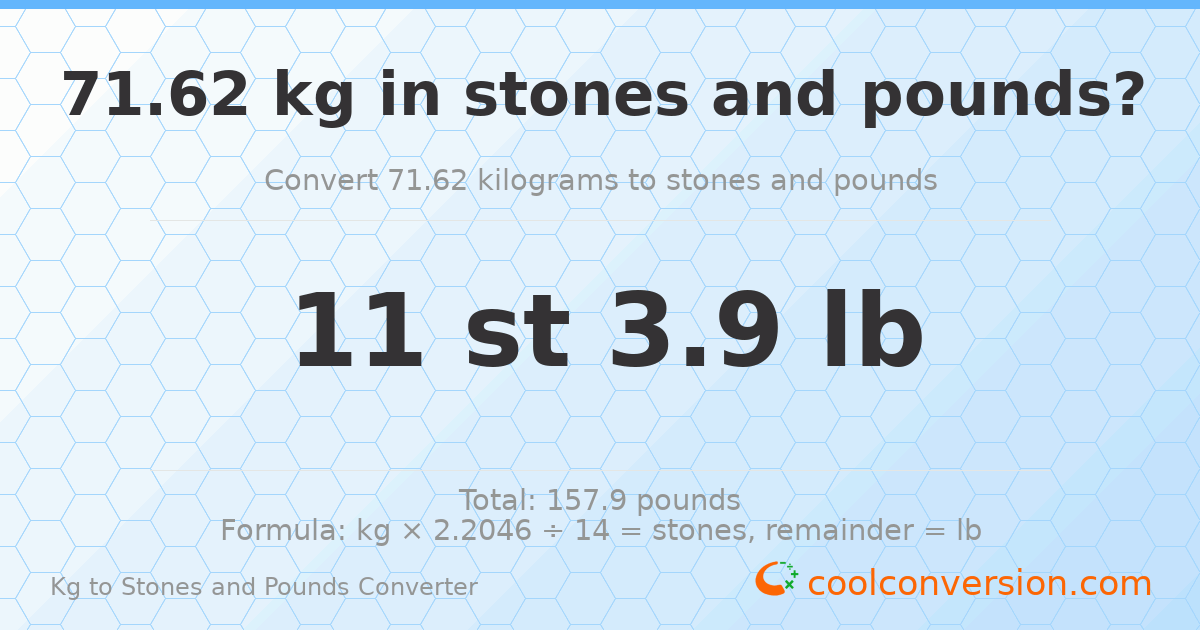 71.62 kg to stones and pounds — 71.62 kg = 11 st 3.90 lb