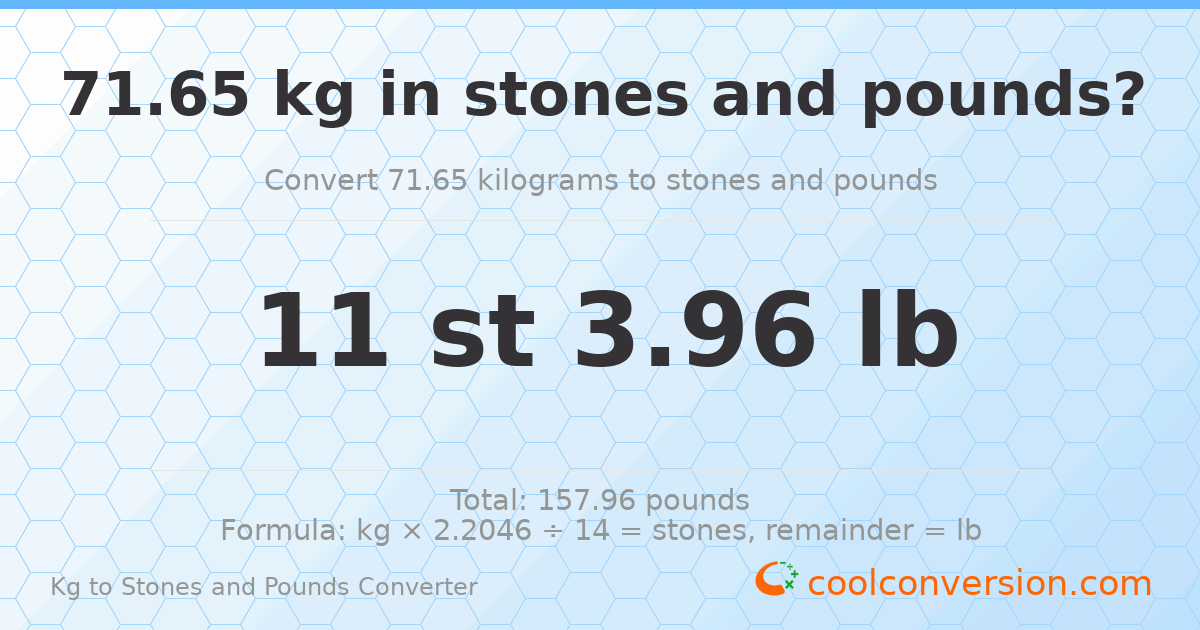 71.65 kg to stones and pounds — 71.65 kg = 11 st 3.96 lb