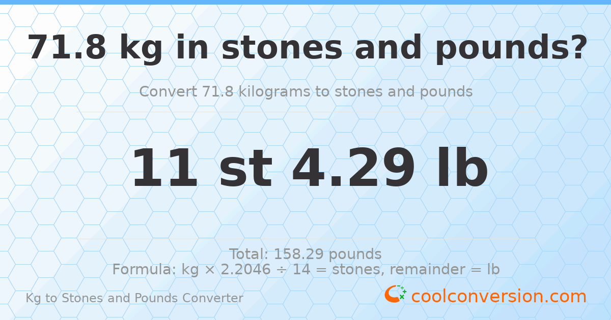 71.80 kg to stones and pounds — 71.80 kg = 11 st 4.29 lb
