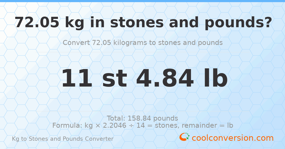 72.05 kg to stones and pounds — 72.05 kg = 11 st 4.84 lb