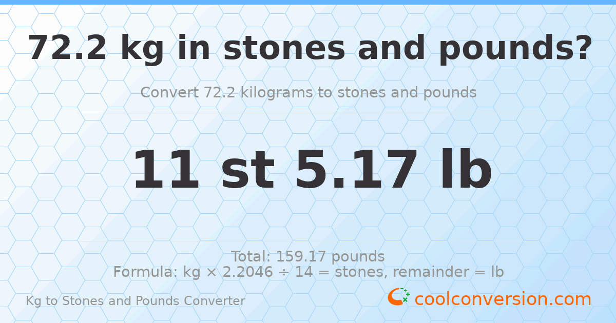 72.20 kg to stones and pounds — 72.20 kg = 11 st 5.17 lb