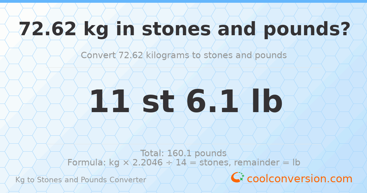 72.62 kg to stones and pounds — 72.62 kg = 11 st 6.10 lb