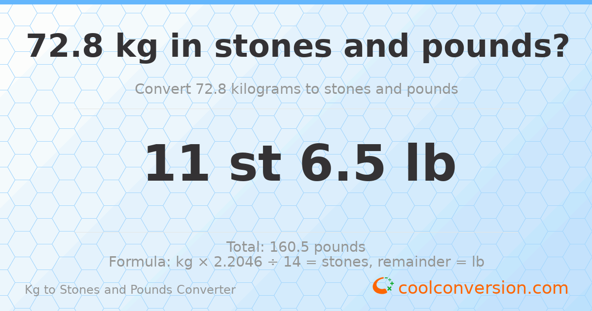 72.80 kg to stones and pounds — 72.80 kg = 11 st 6.50 lb