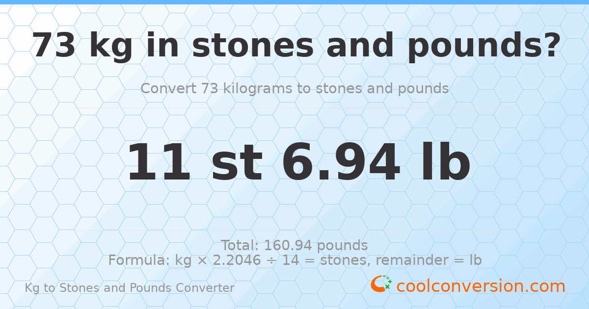 73 kg to stones and pounds — 73 kg = 11 st 6.94 lb