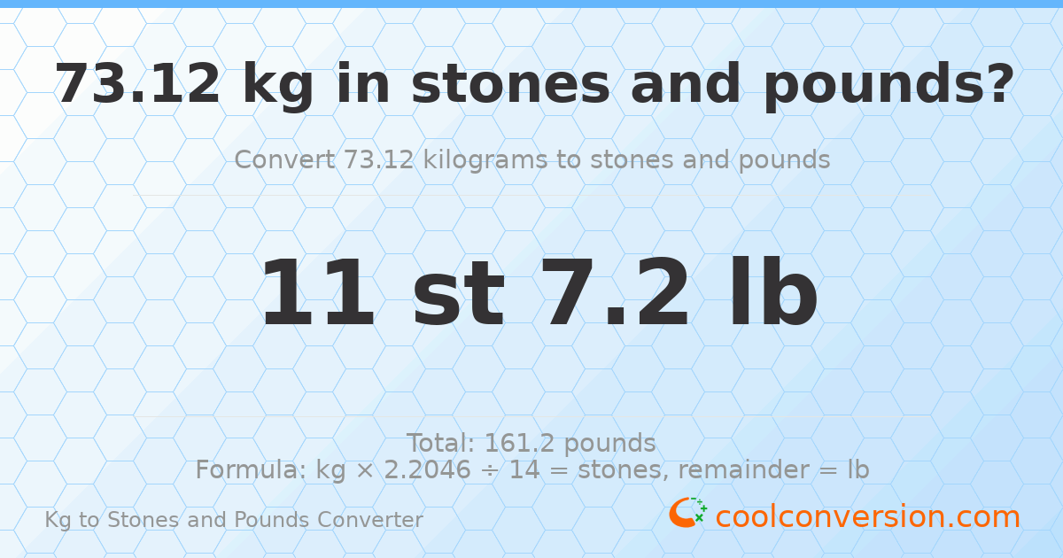 73.12 kg to stones and pounds — 73.12 kg = 11 st 7.20 lb