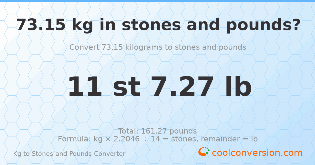 73.15 kg to stones and pounds — 73.15 kg = 11 st 7.27 lb
