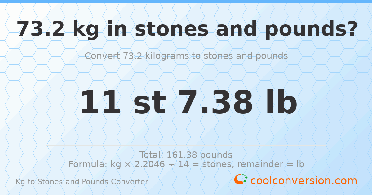 73.2 kg to stones and pounds — 73.2 kg = 11 st 7.38 lb