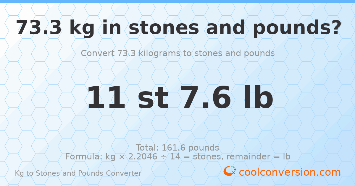 73.3 kg to stones and pounds — 73.3 kg = 11 st 7.60 lb