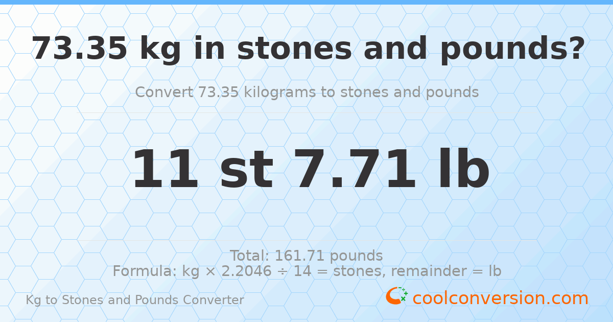 73.35 kg to stones and pounds — 73.35 kg = 11 st 7.71 lb