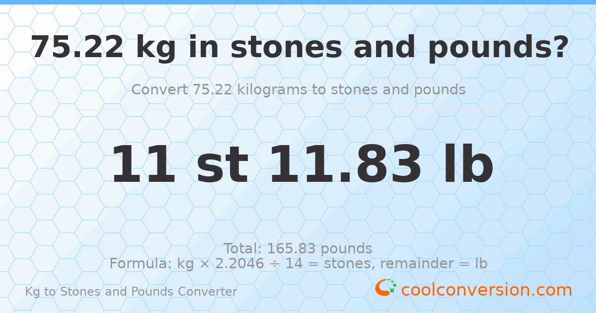 75.22 kg to stones and pounds — 75.22 kg = 11 st 11.83 lb