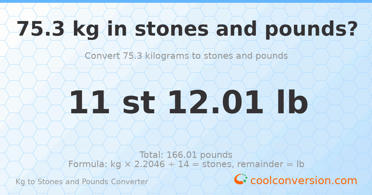 75.3 kg to stones and pounds — 75.3 kg = 11 st 12.01 lb