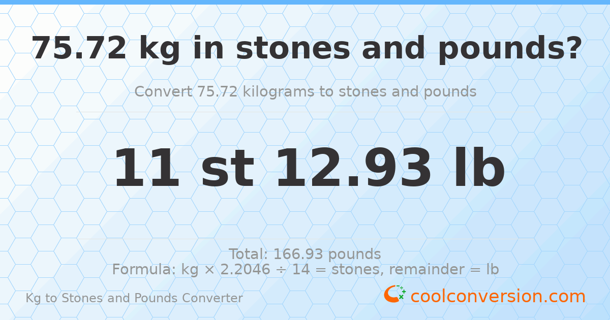 75.72 kg to stones and pounds — 75.72 kg = 11 st 12.93 lb