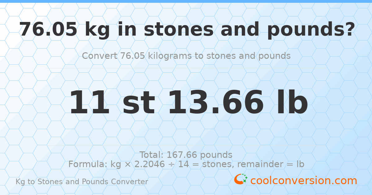 76.05 kg to stones and pounds — 76.05 kg = 11 st 13.66 lb