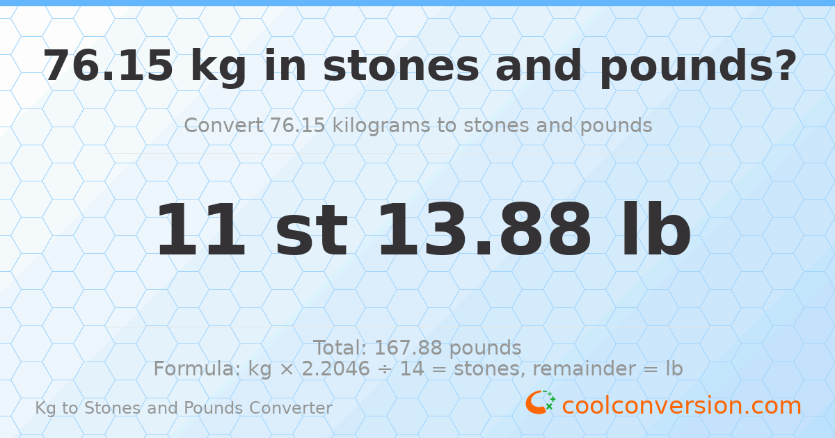 76.15 kg to stones and pounds — 76.15 kg = 11 st 13.88 lb