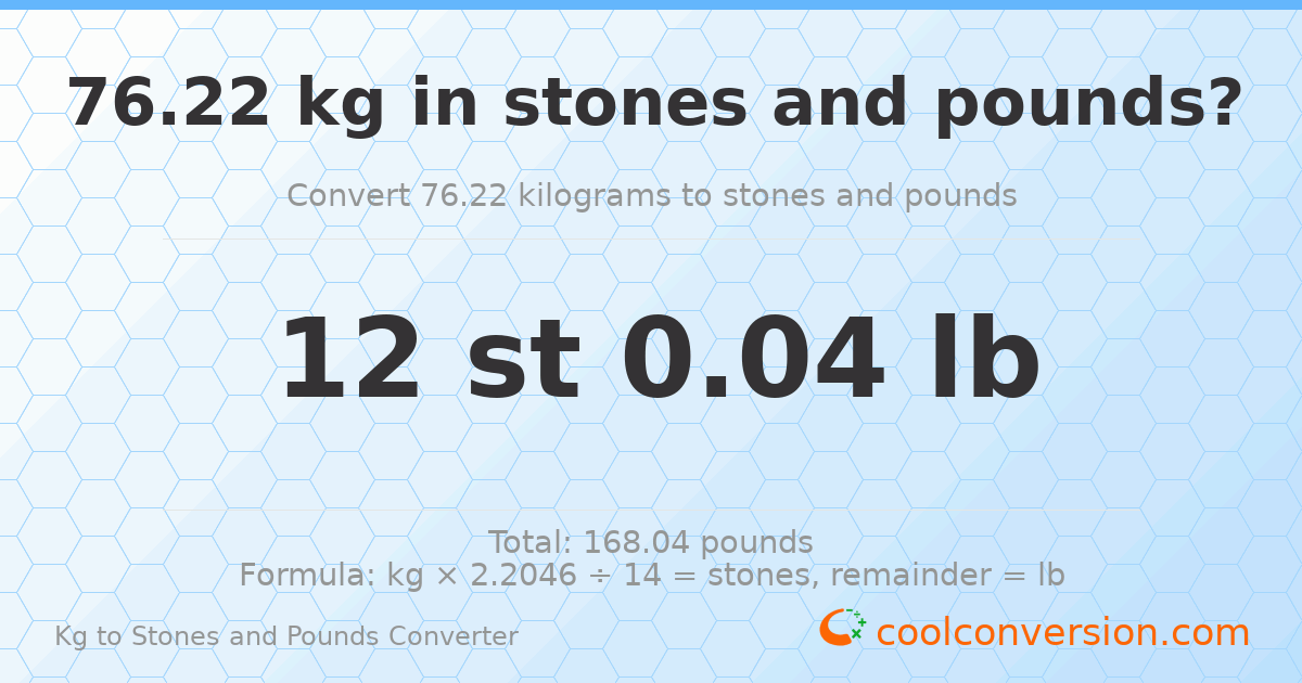 76.22 kg to stones and pounds — 76.22 kg = 12 st 0.04 lb