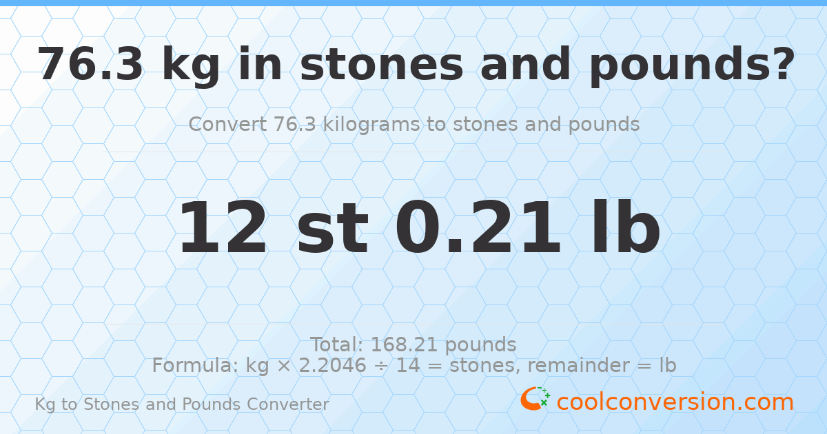 76.30 kg to stones and pounds — 76.30 kg = 12 st 0.21 lb