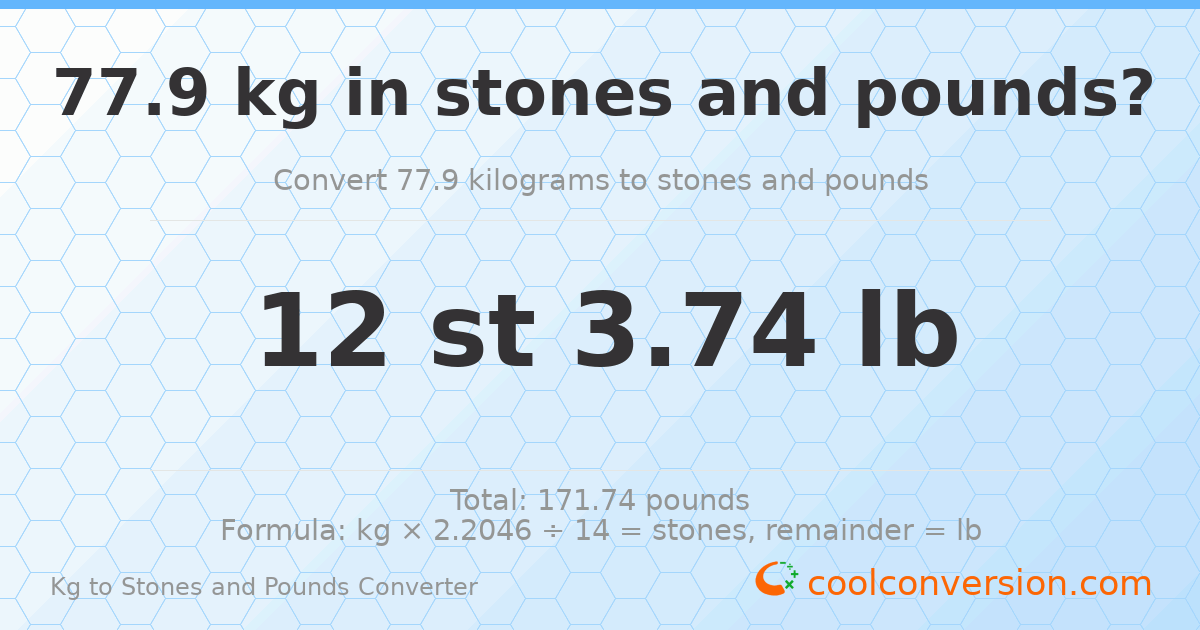 77.90 kg to stones and pounds — 77.90 kg = 12 st 3.74 lb