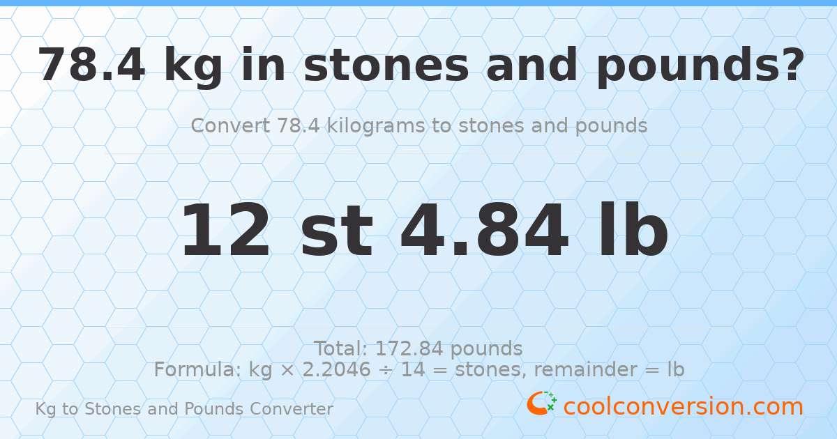 78.40 kg to stones and pounds — 78.40 kg = 12 st 4.84 lb