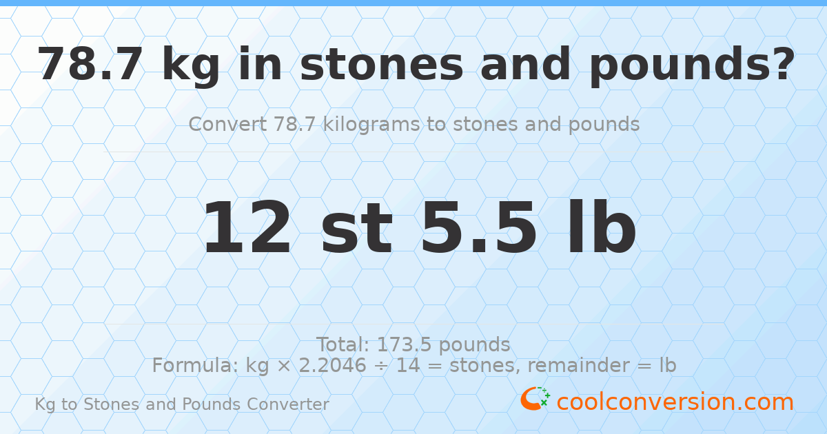 78.7 kg to stones and pounds — 78.7 kg = 12 st 5.50 lb