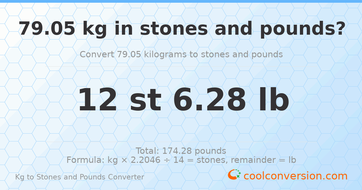 79.05 kg to stones and pounds — 79.05 kg = 12 st 6.28 lb