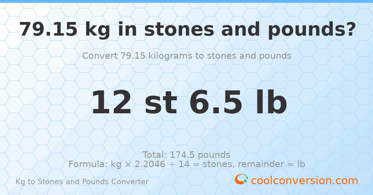 79.15 kg to stones and pounds — 79.15 kg = 12 st 6.50 lb