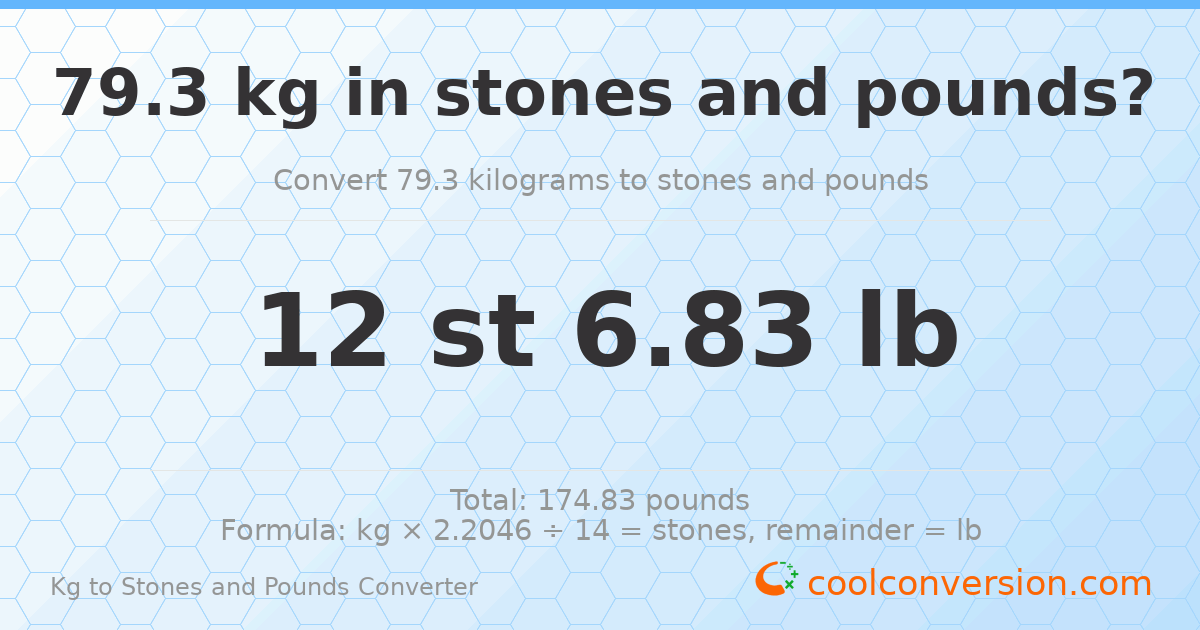 79.3 kg to stones and pounds — 79.3 kg = 12 st 6.83 lb